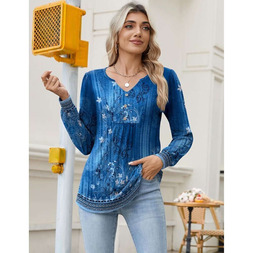 Long Sleeve Shirt for Women Polyester Spandex Floral V Neck Casual Top - Picture 5 of 6
